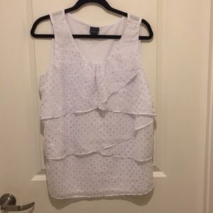 White & Metallic Silver Polka Dot Ruffle Front Career Office Wear Tank Size XL